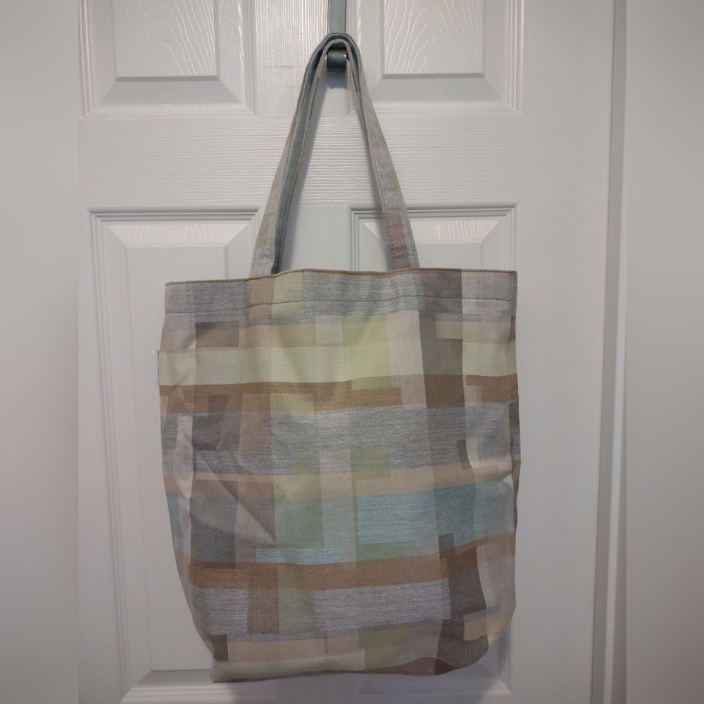 SUNBRELLA Multi Color Plaid - Reversible Light Green & Tan Tote Bag 19"L x 18"W